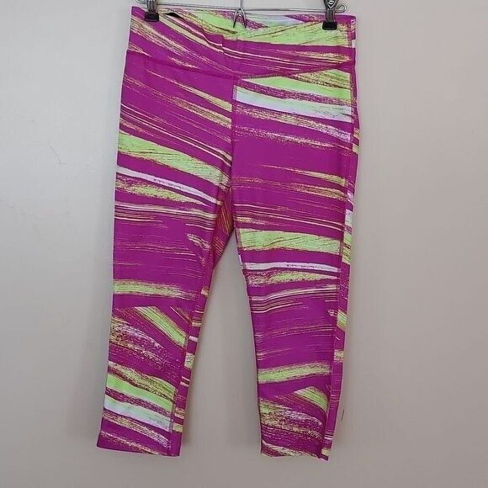 Xersion Women's Small Capri Leggings Stripe Fuchsia Neon Yellow Crop Gym Workout